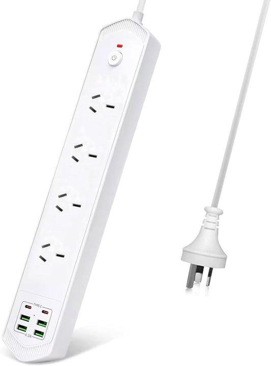 Power Board Surge Protector with USB, FINELAKEFOSEA 3000W Power Strip with 2 USB C & 4 USB A Ports, 2M Meter Extension Cord with Switch & 4 Outlets, Power Strip for Home Office Travel Dorm Desk