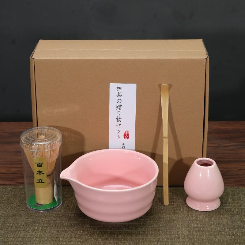 Matcha Whisk Set - Complete 4PCS Kit for Traditional Tea Ceremony, with Handcrafted Bamboo Whisk Matcha Scoop Matcha Stand Matcha Bowl, Classic Green