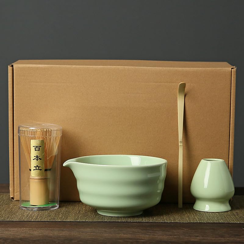 Matcha Whisk Set - Complete 4PCS Kit for Traditional Tea Ceremony, with Handcrafted Bamboo Whisk Matcha Scoop Matcha Stand Matcha Bowl, Classic Green