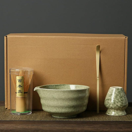 Matcha Whisk Set - Complete 4PCS Kit for Traditional Tea Ceremony, with Handcrafted Bamboo Whisk Matcha Scoop Matcha Stand Matcha Bowl, Classic Green