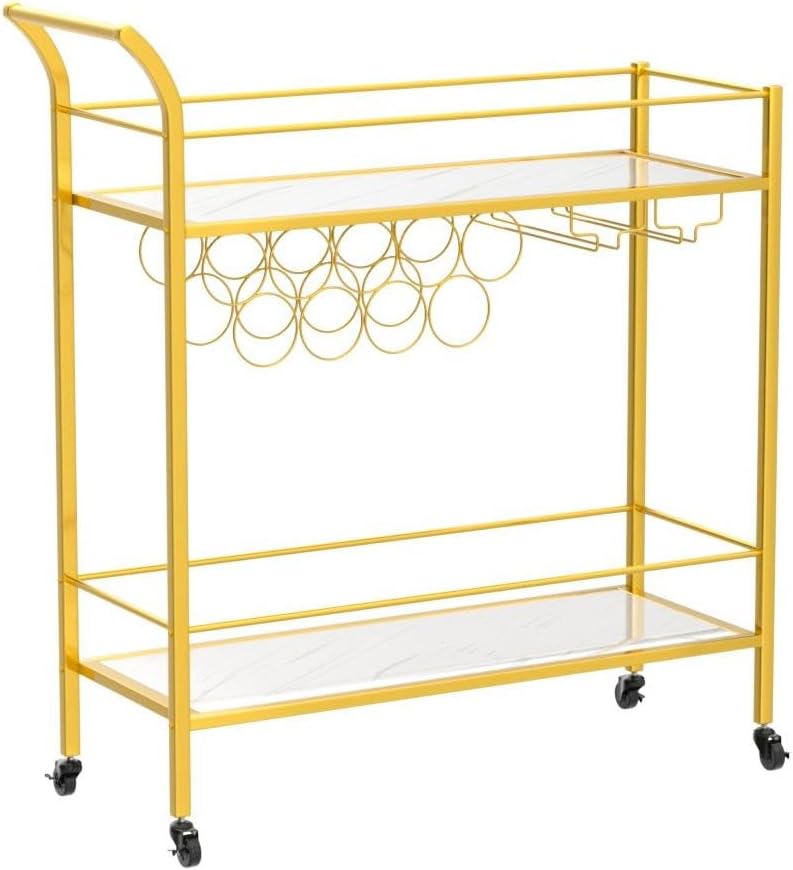 Drinks Trolley on Wheels | Gold 2-Tier Bar Cart with Wine Racks