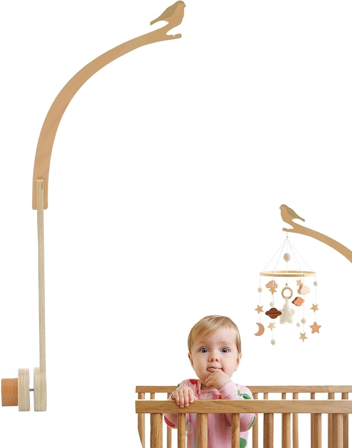 Beechwood Crib Mobile Holder - 360° Rotate, Adjustable Arm - Natural Wood, Minimalist - For Cribs No Side Rails - Baby Nursery Decor