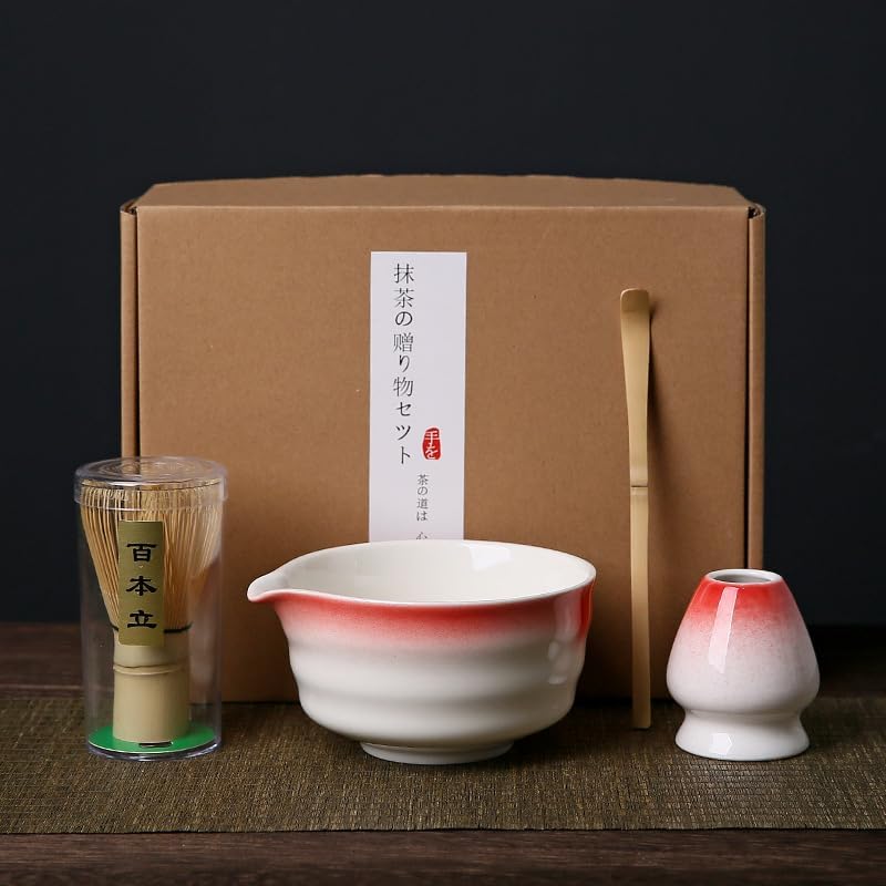 Matcha Whisk Set - Complete 4PCS Kit for Traditional Tea Ceremony, with Handcrafted Bamboo Whisk Matcha Scoop Matcha Stand Matcha Bowl, Classic Green