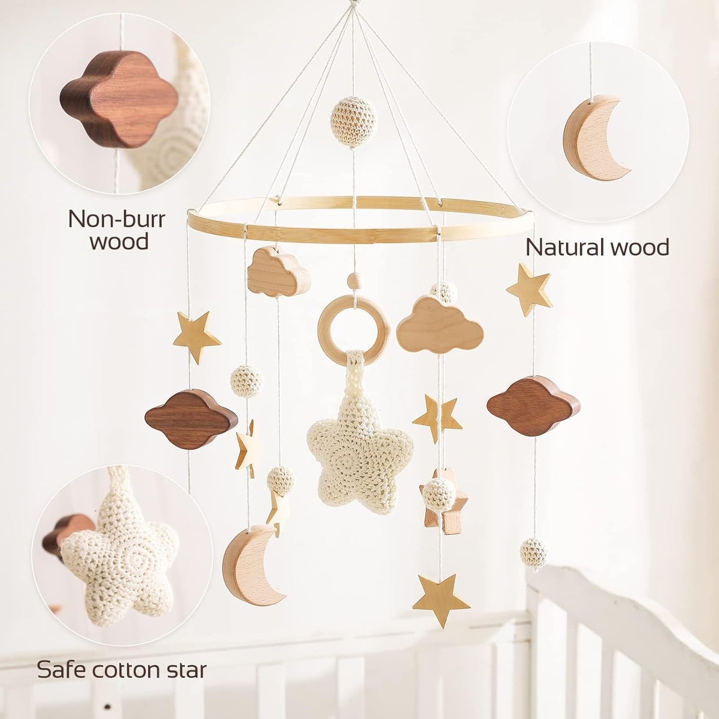 Beechwood Crib Mobile Holder - 360° Rotate, Adjustable Arm - Natural Wood, Minimalist - For Cribs No Side Rails - Baby Nursery Decor