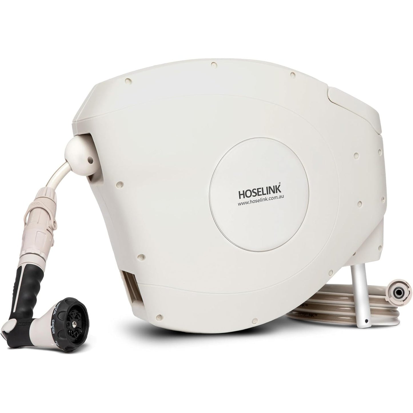HOSELINK 30M Retractable Garden Hose Reel (Beige), 8-Pattern Spray Nozzle, UV-Stabilized Kink-Free Hose, Wall Mounted Complete Watering Solution for Backyard, Garden & Outdoor