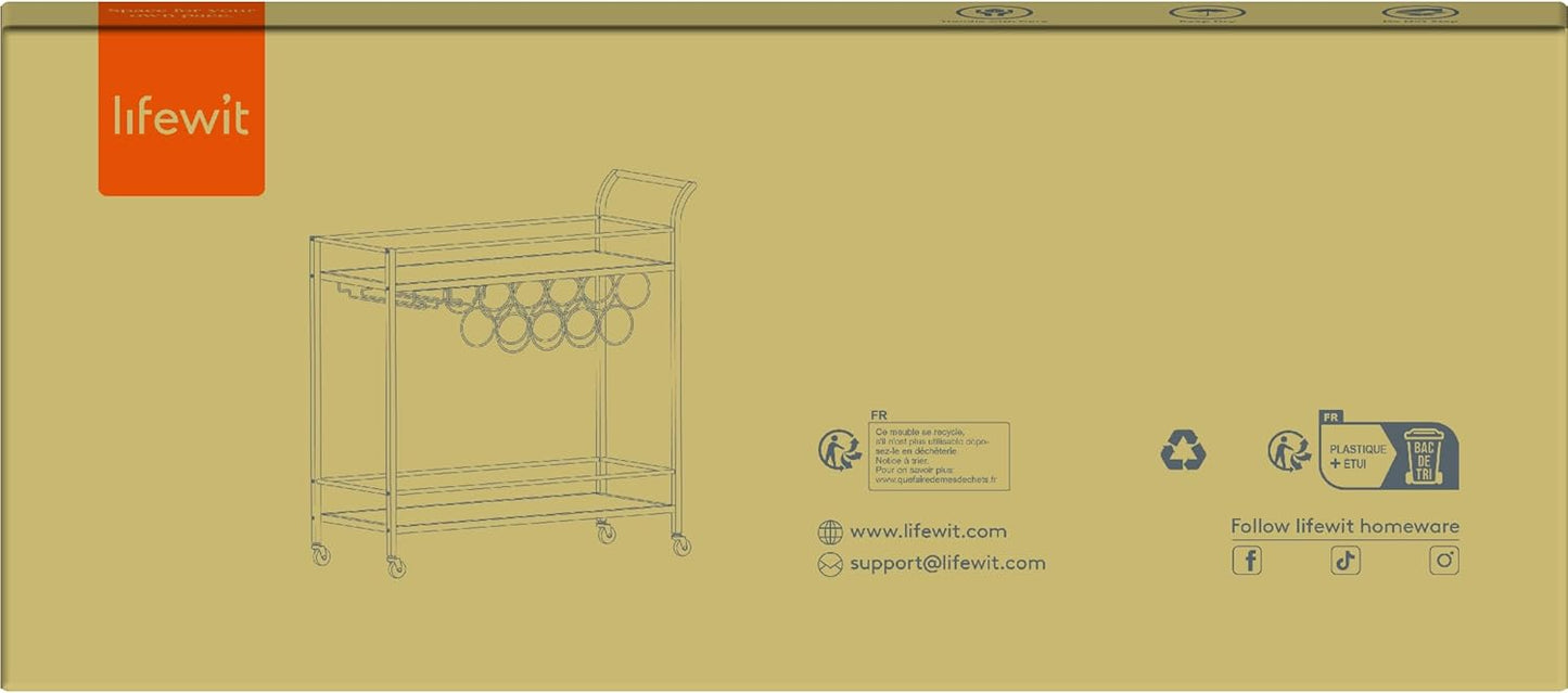 Drinks Trolley on Wheels | Gold 2-Tier Bar Cart with Wine Racks
