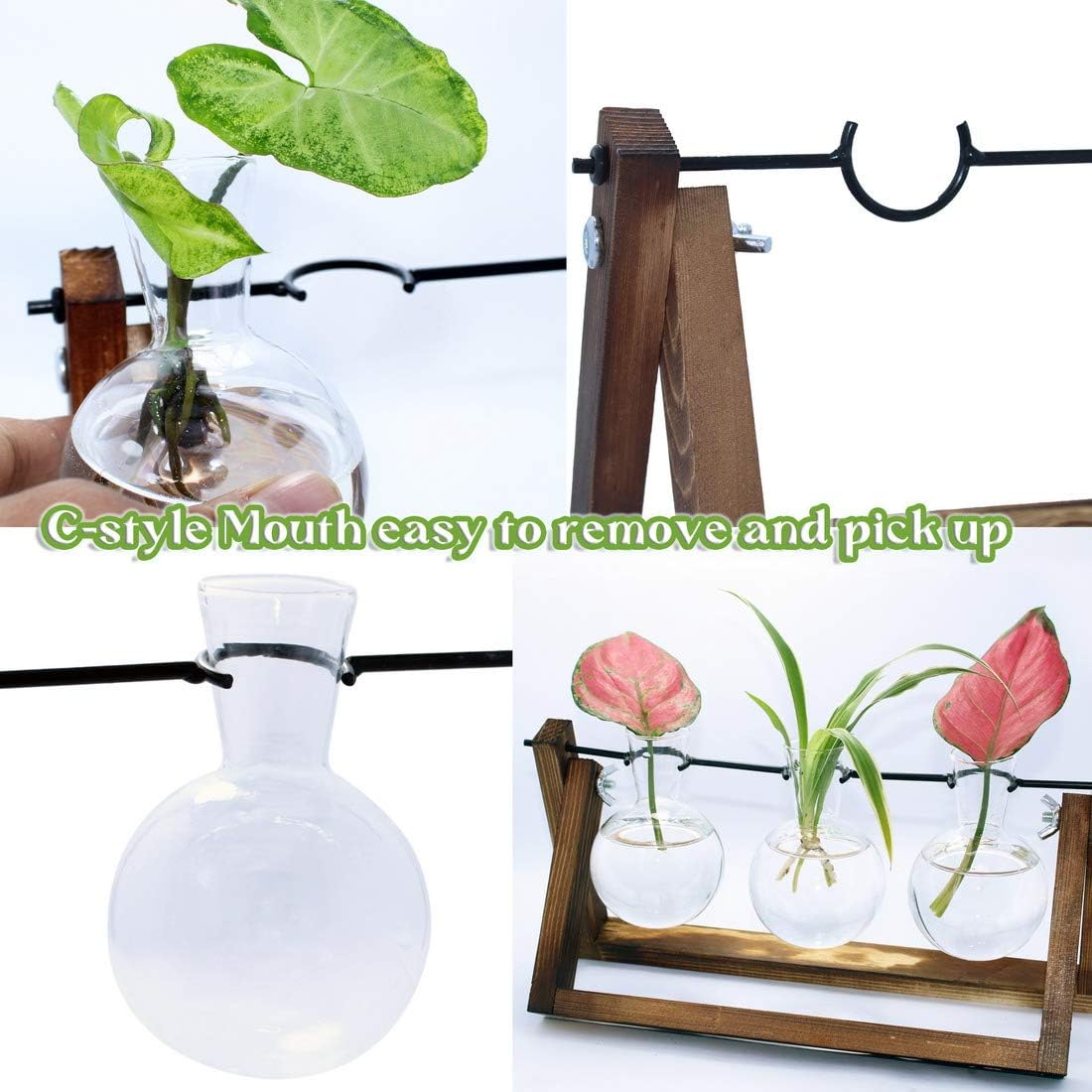 laffeya Plants Propagation Stations, Hydroponic Terrarium Kit- Desktop Glass Flower Planter 3 Glass Vase with Wood Stands for Home Office Decor, Plant Gifts for Plant Lovers (3 Bulb Vase C, Beige)