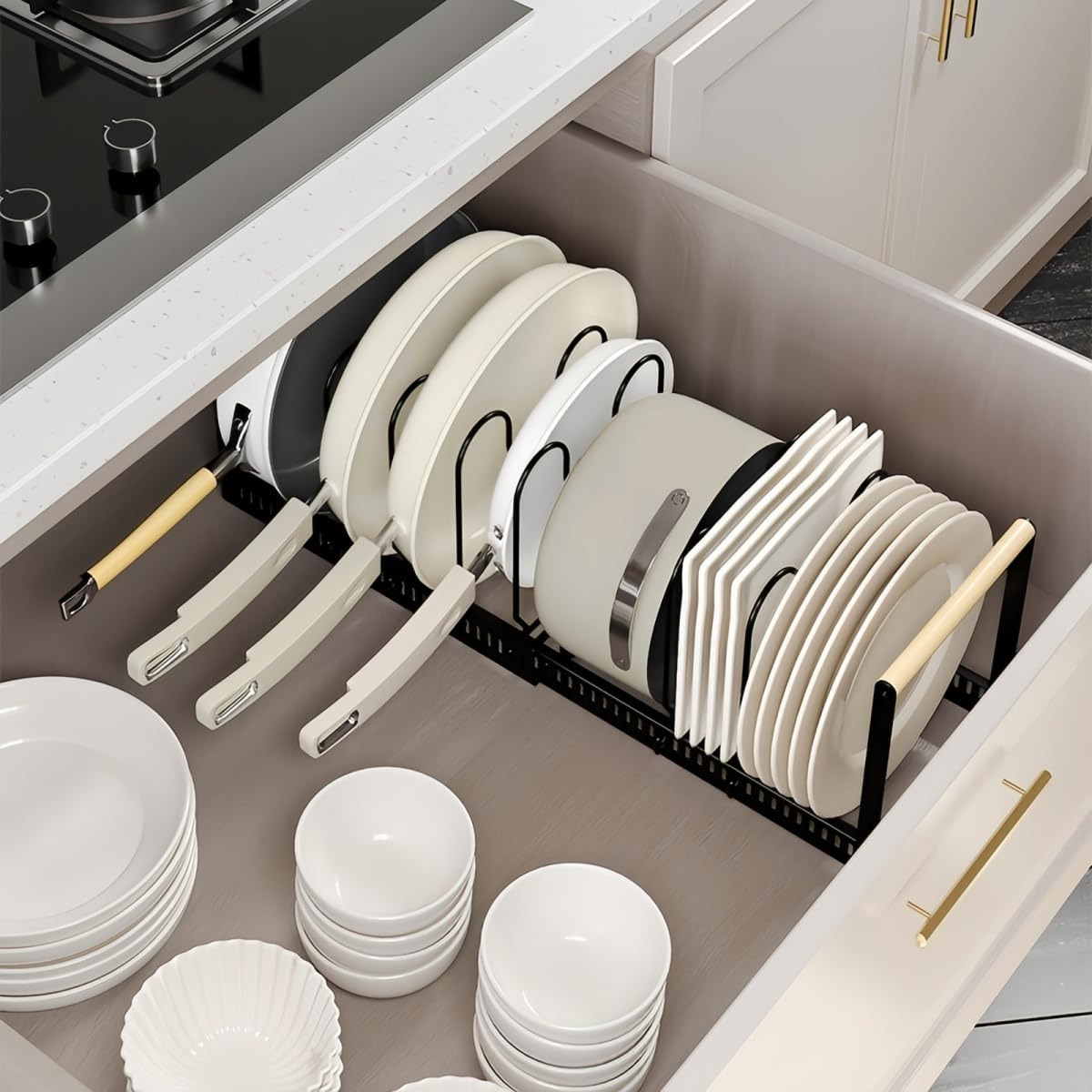 9SHOME Pot Pan Organiser Rack For Cabinet, Pot Lid Organizer Pan Holder Rack with 3 DIY Methods, Cookware Rack for Kitchen Cupboard Pantry, Height and Position Adjustable, Stainless steel