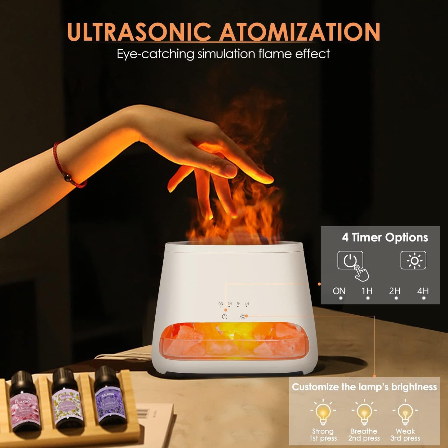 SALKING 2-in-1 Essential Oil Diffuser & Crystal Himalayan Salt Lamp, Ultrasonic Aromatherapy Diffuser with Timer Setting, Auto-Off Safety Switch, Cool Mist, Flame Effect, Night Light, 150ml