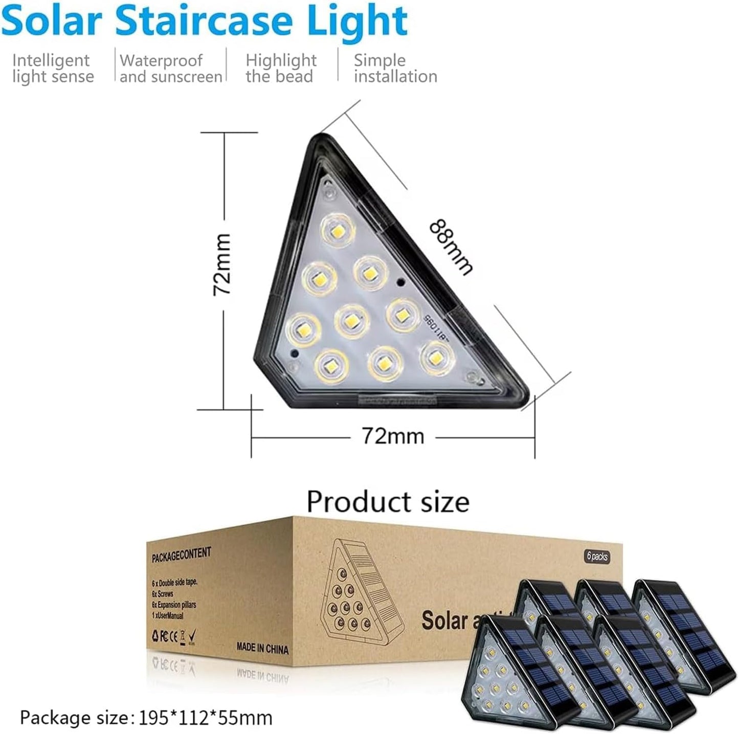 Solar Stair Lights, IP67 Waterproof Outdoor Solar Step Lights, 3000K Warm White Outdoor Solar Powered Step Lights, Dusk to Dawn Lighting Decor for Garden, Stair, Deck, Front Porch, Patio (6 Pack)