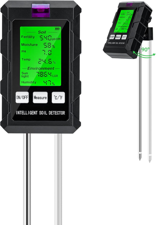 Mcbazel 6-in-1 Soil Tester with Dual-Probe Technology–Accurately Measure pH, Temperature, Fertility, Light Intensity & Humidity for Optimal Plant Growth–Essential Gardening Tool for Home