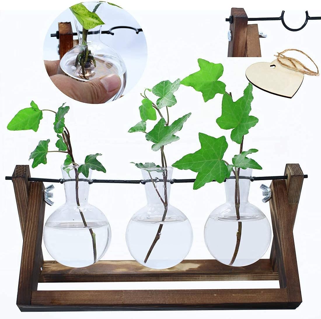 laffeya Plants Propagation Stations, Hydroponic Terrarium Kit- Desktop Glass Flower Planter 3 Glass Vase with Wood Stands for Home Office Decor, Plant Gifts for Plant Lovers (3 Bulb Vase C, Beige)