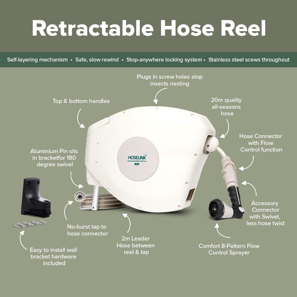 HOSELINK 30M Retractable Garden Hose Reel (Beige), 8-Pattern Spray Nozzle, UV-Stabilized Kink-Free Hose, Wall Mounted Complete Watering Solution for Backyard, Garden & Outdoor