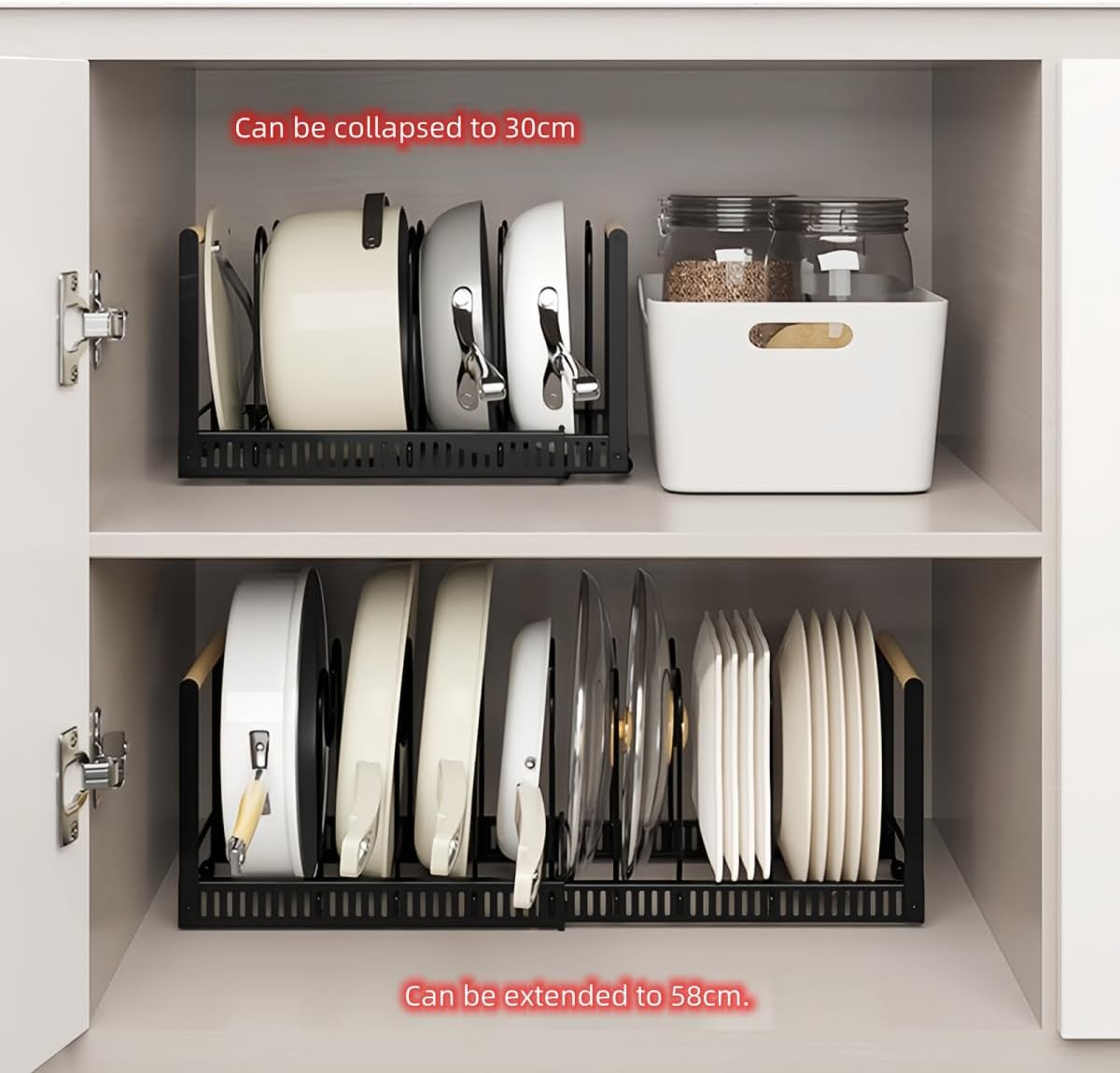9SHOME Pot Pan Organiser Rack For Cabinet, Pot Lid Organizer Pan Holder Rack with 3 DIY Methods, Cookware Rack for Kitchen Cupboard Pantry, Height and Position Adjustable, Stainless steel
