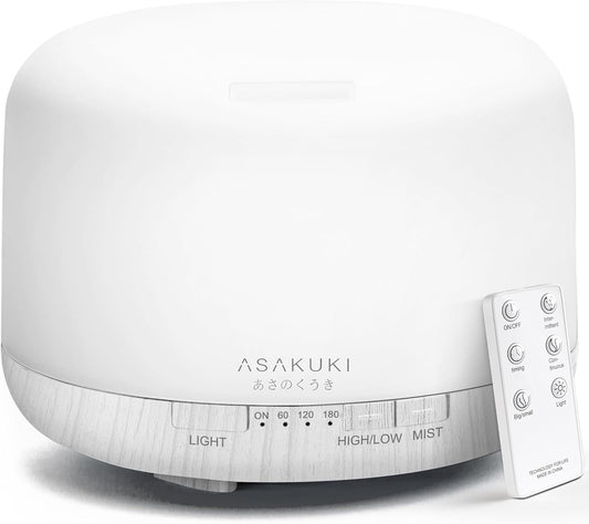 ASAKUKI 500ml Essential Oil Diffuser, 5 in 1 Ultrasonic Aromatherapy Fragrant Oil Diffusers, Vaporizer Humidifier with Remote Control, Timer, Auto-Off Safety Switch, 7 LED Light Colors