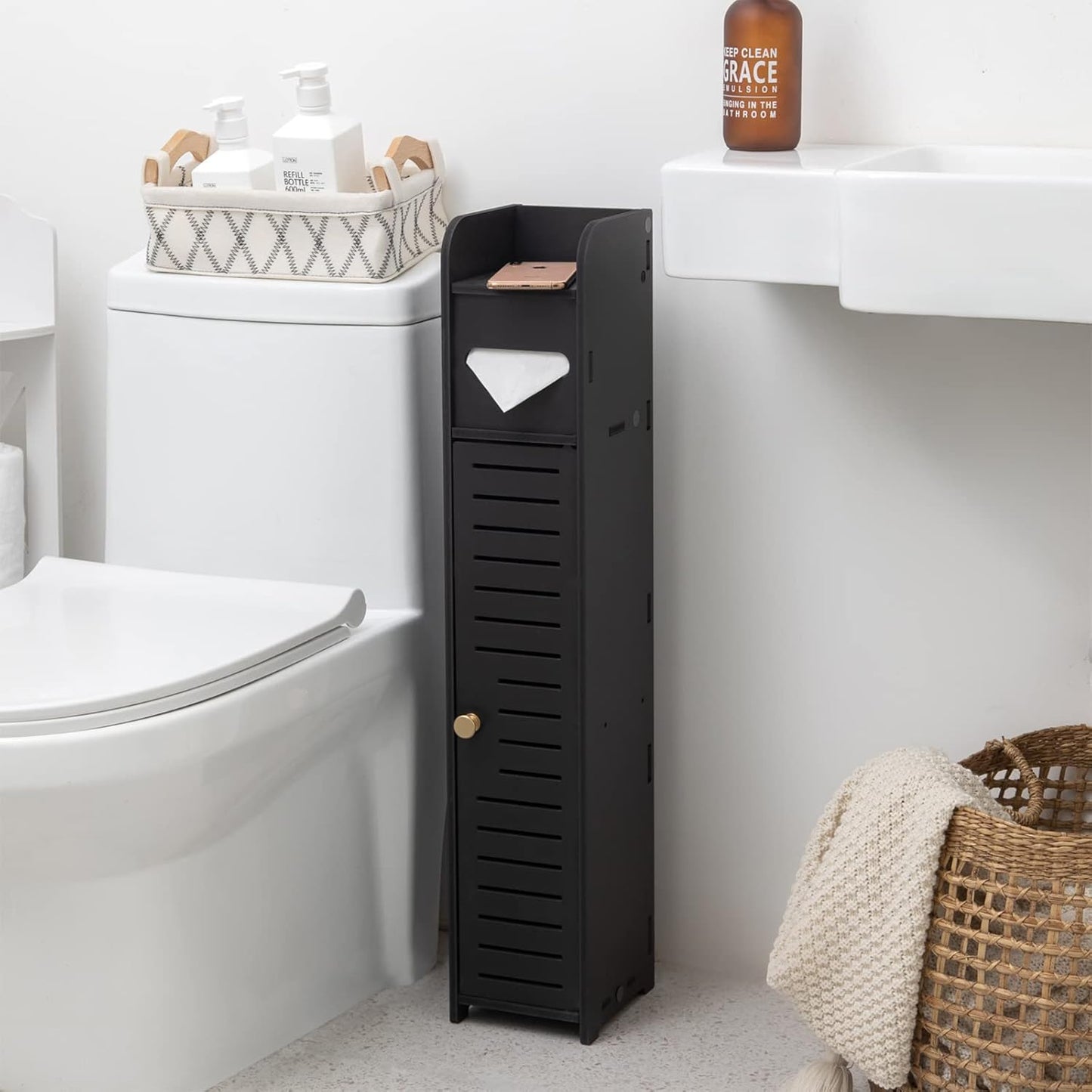 Freestanding Toilet Paper Storage with Phone Holder | Small Bathroom Organiser