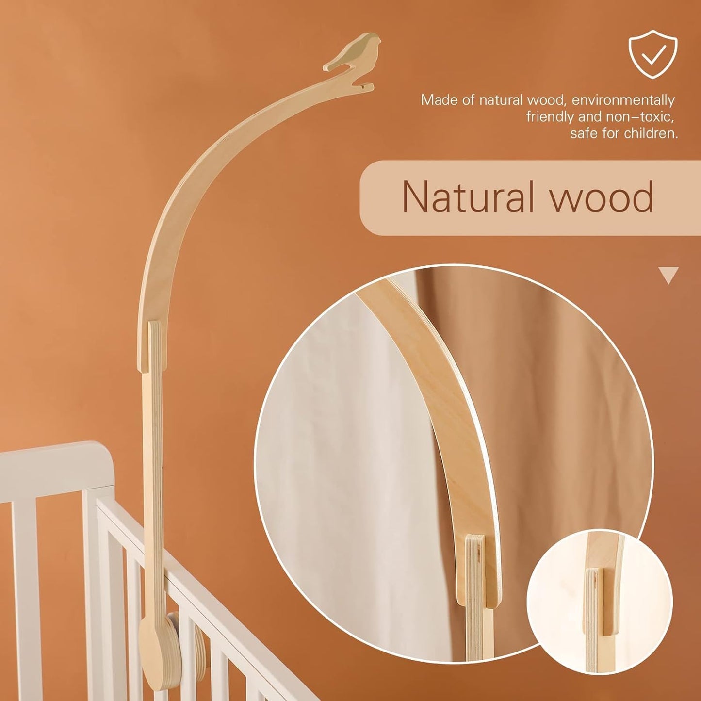 Beechwood Crib Mobile Holder - 360° Rotate, Adjustable Arm - Natural Wood, Minimalist - For Cribs No Side Rails - Baby Nursery Decor