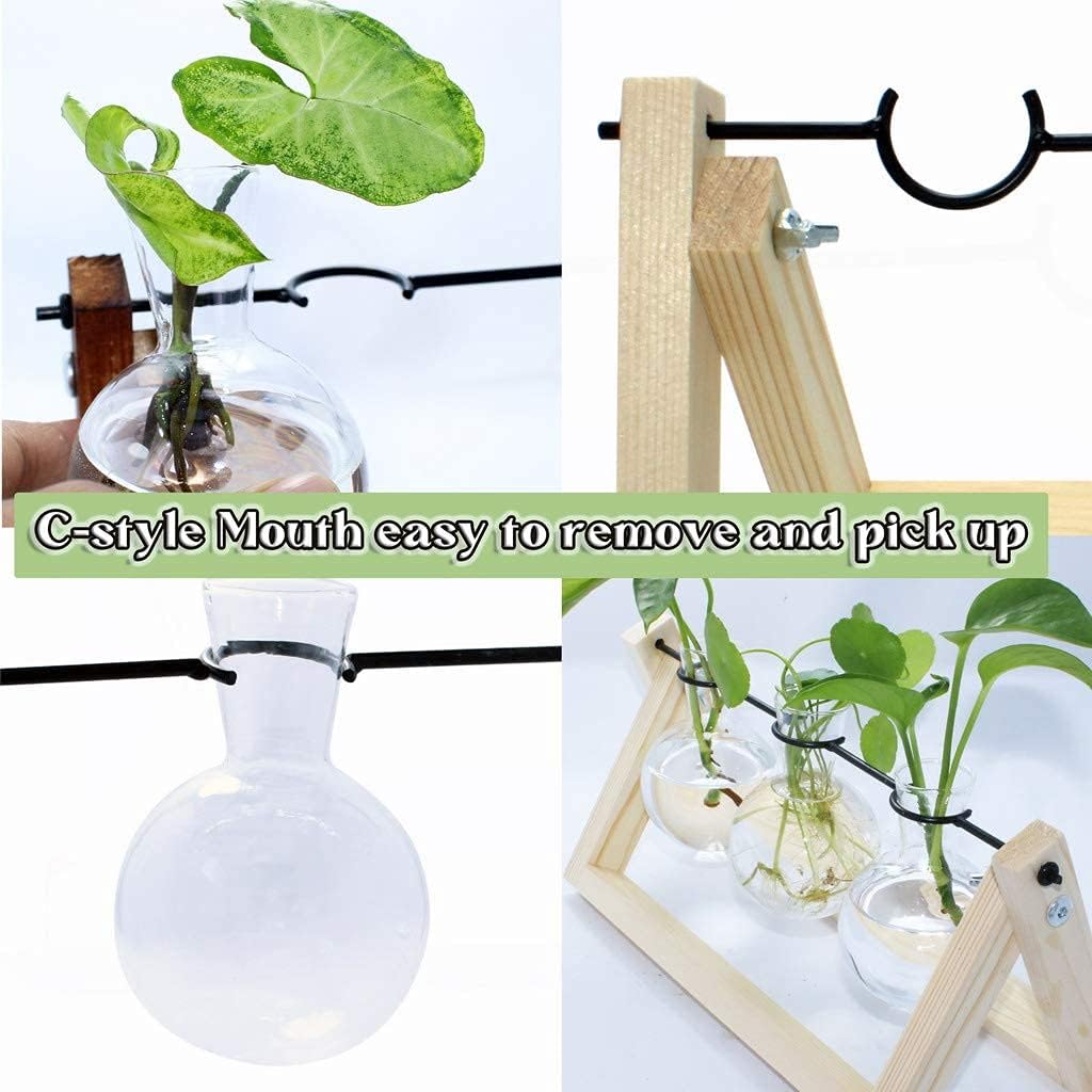 laffeya Plants Propagation Stations, Hydroponic Terrarium Kit- Desktop Glass Flower Planter 3 Glass Vase with Wood Stands for Home Office Decor, Plant Gifts for Plant Lovers (3 Bulb Vase C, Beige)