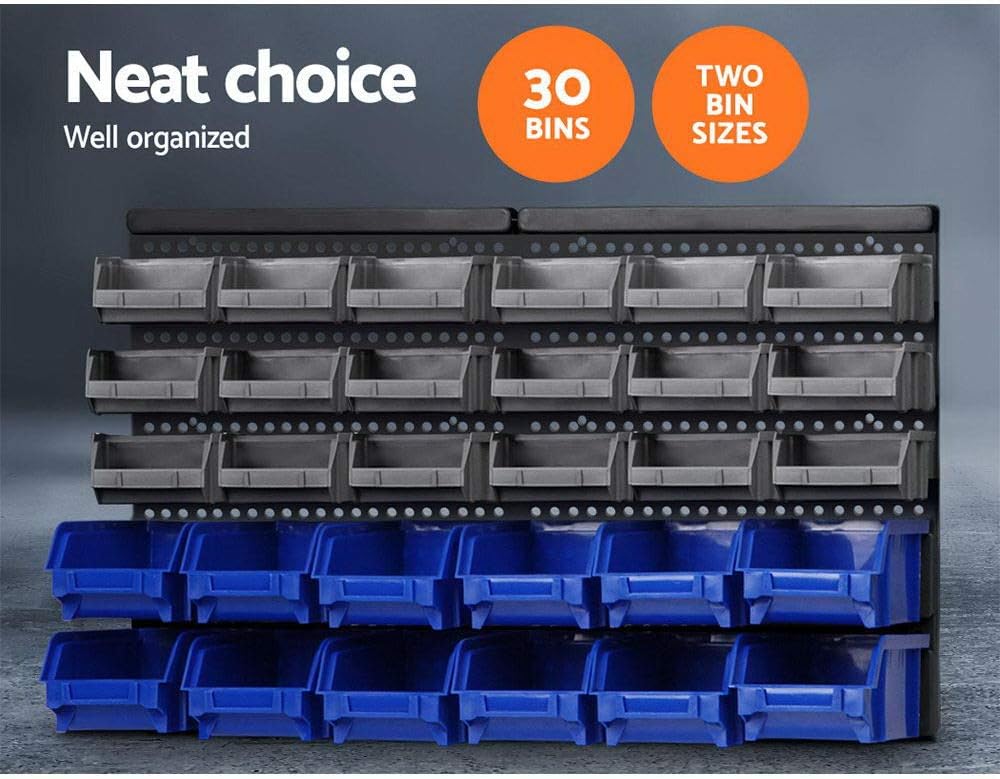 Giantz Storage Bin Rack, 30 Bins Garage Tool Storages Shelving Wall Mounted Toolbox Shelf Bracket Home Workshop Garden Organiser, 36kg Capacity Stable Steel Backboard