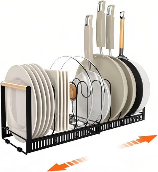 9SHOME Pot Pan Organiser Rack For Cabinet, Pot Lid Organizer Pan Holder Rack with 3 DIY Methods, Cookware Rack for Kitchen Cupboard Pantry, Height and Position Adjustable, Stainless steel