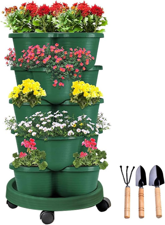 SpringUp 5 Tier Vertical Garden Strawberry Stackable Planters Herbs Petunias Pancy, Vegetable Planter Indoor Outdoor Gardening Pots with Removable Wheels and Tools (White)