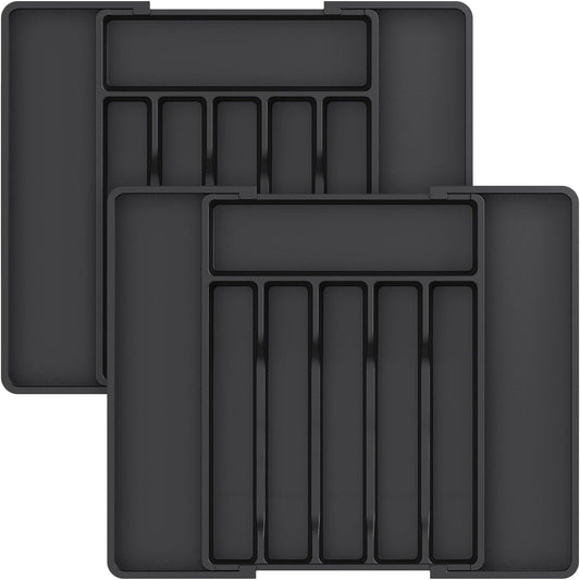 Lifewit Cutlery Drawer Organiser, Expandable Utensil Tray for Kitchen, Adjustable Silverware and Flatware Holder, Compact Plastic Storage for Spoons Forks Knives, Large, Black