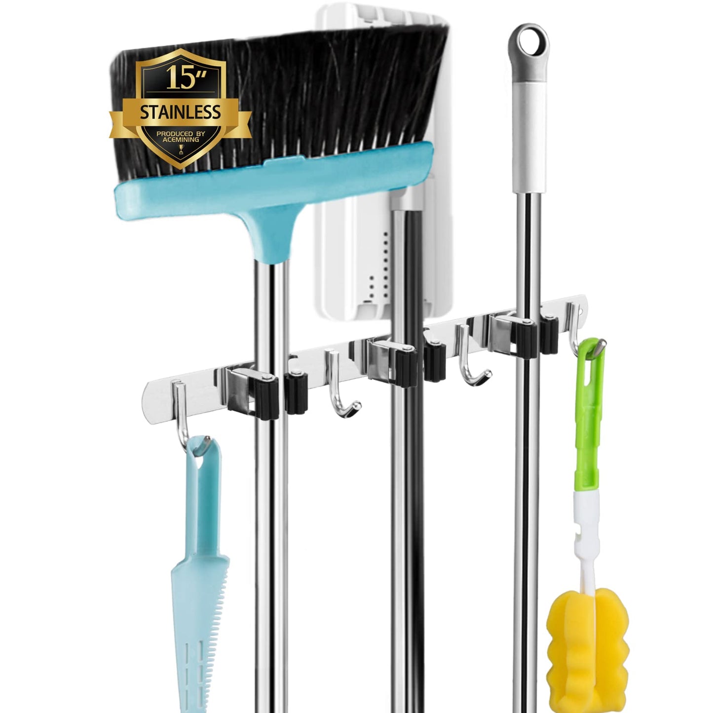 5 Racks and 4 Hooks Mop and Broom Holder Wall Mount, Broom Organizer Storage Tool Racks Stainless Steel Heavy Duty Hooks Self Adhesive Solid Non-slip for Home Kitchen Garden Laundry Garage