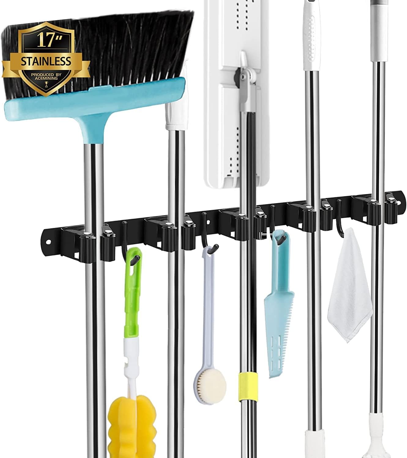 5 Racks and 4 Hooks Mop and Broom Holder Wall Mount, Broom Organizer Storage Tool Racks Stainless Steel Heavy Duty Hooks Self Adhesive Solid Non-slip for Home Kitchen Garden Laundry Garage