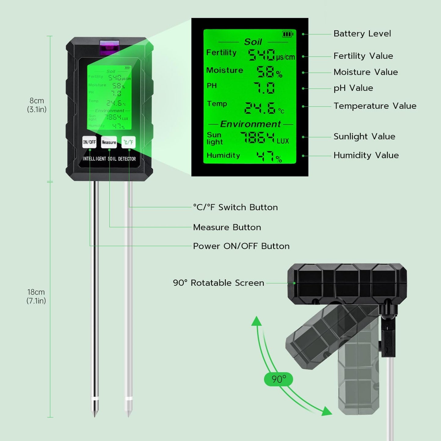 Mcbazel 6-in-1 Soil Tester with Dual-Probe Technology–Accurately Measure pH, Temperature, Fertility, Light Intensity & Humidity for Optimal Plant Growth–Essential Gardening Tool for Home