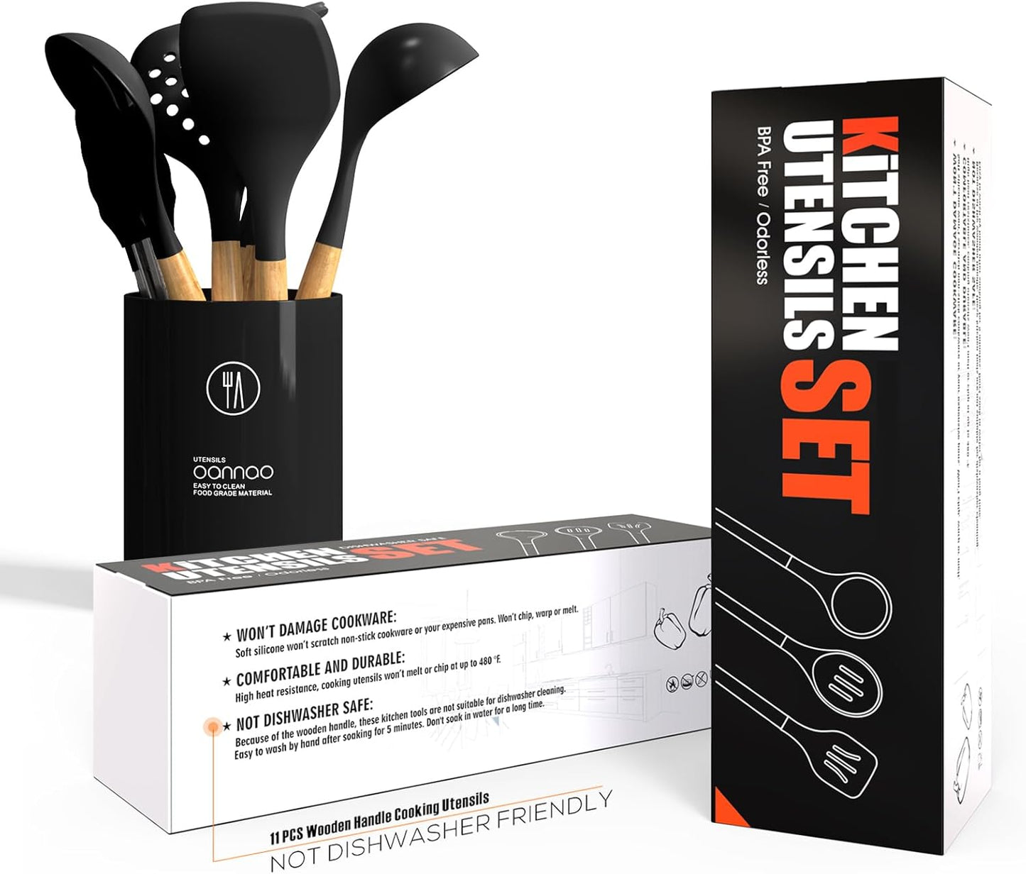 14-Piece Silicone Kitchen Utensil Set with Wooden Handles