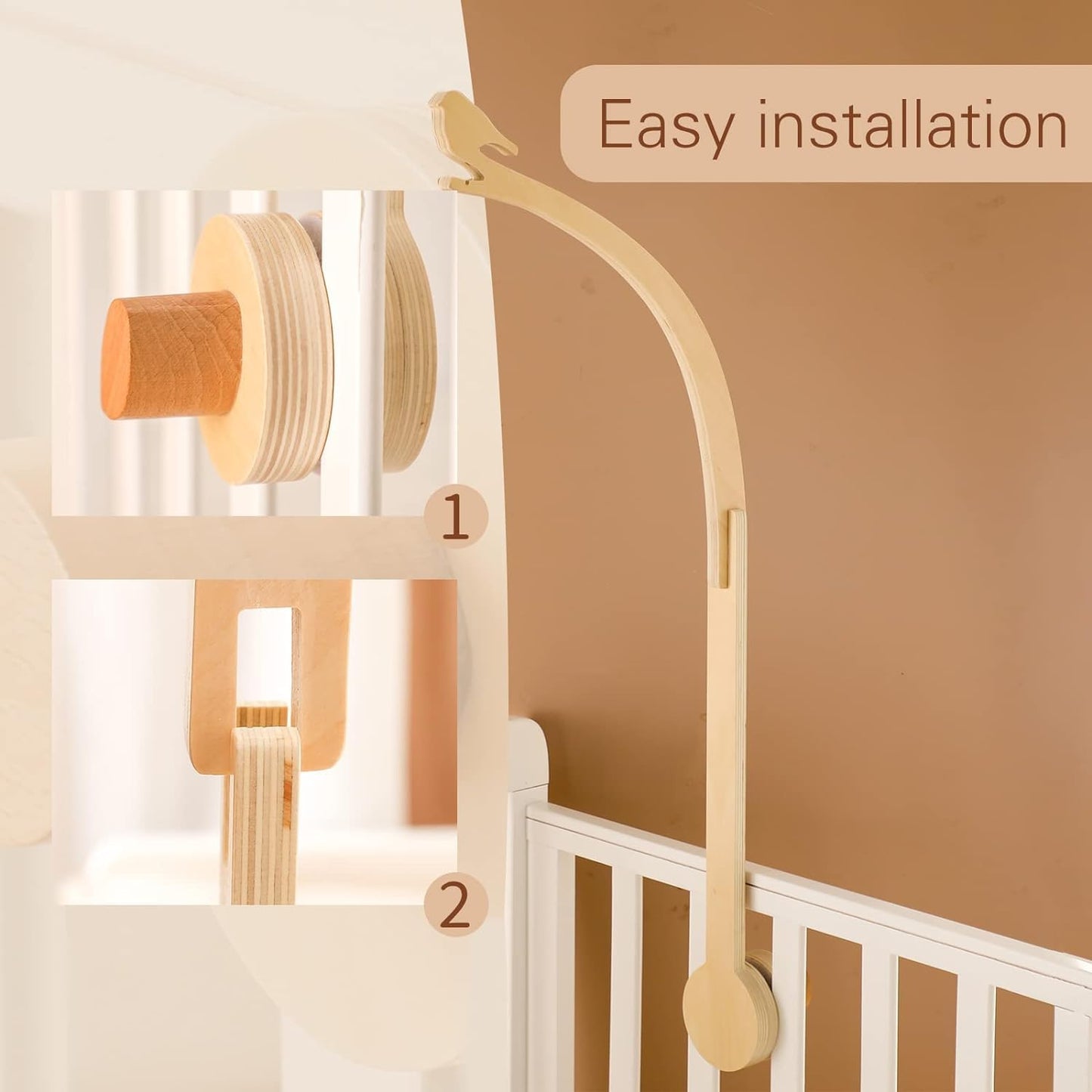Beechwood Crib Mobile Holder - 360° Rotate, Adjustable Arm - Natural Wood, Minimalist - For Cribs No Side Rails - Baby Nursery Decor