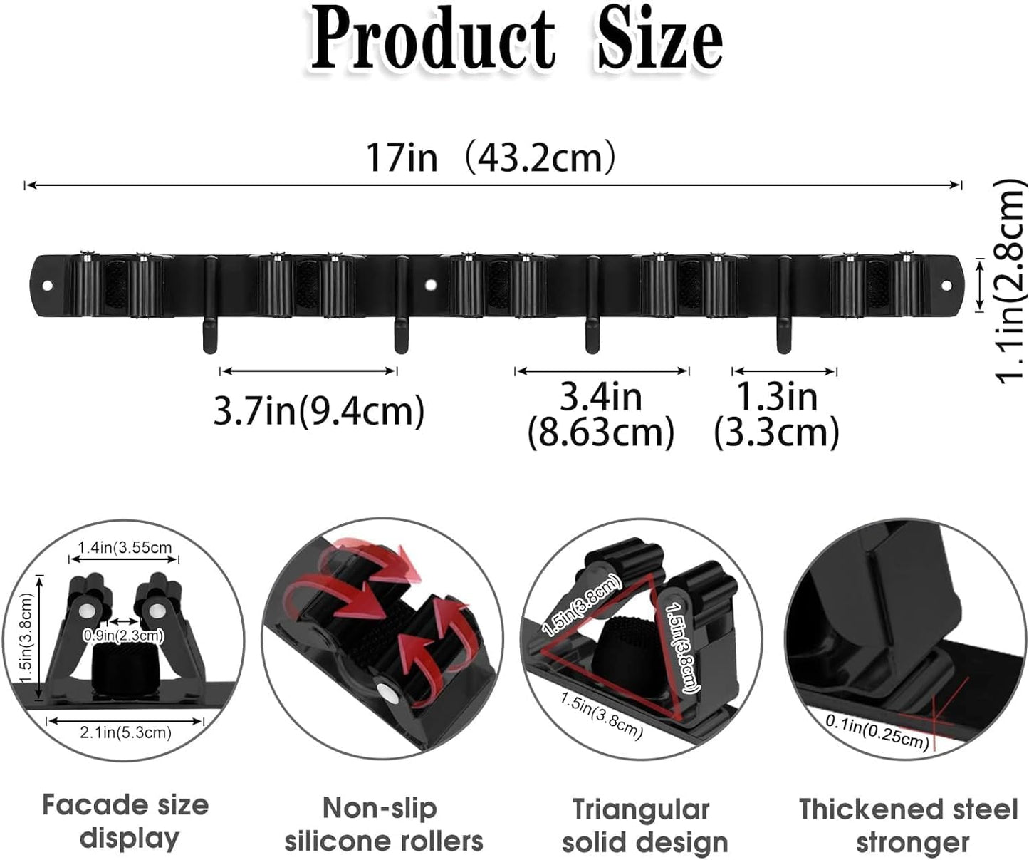 5 Racks and 4 Hooks Mop and Broom Holder Wall Mount, Broom Organizer Storage Tool Racks Stainless Steel Heavy Duty Hooks Self Adhesive Solid Non-slip for Home Kitchen Garden Laundry Garage
