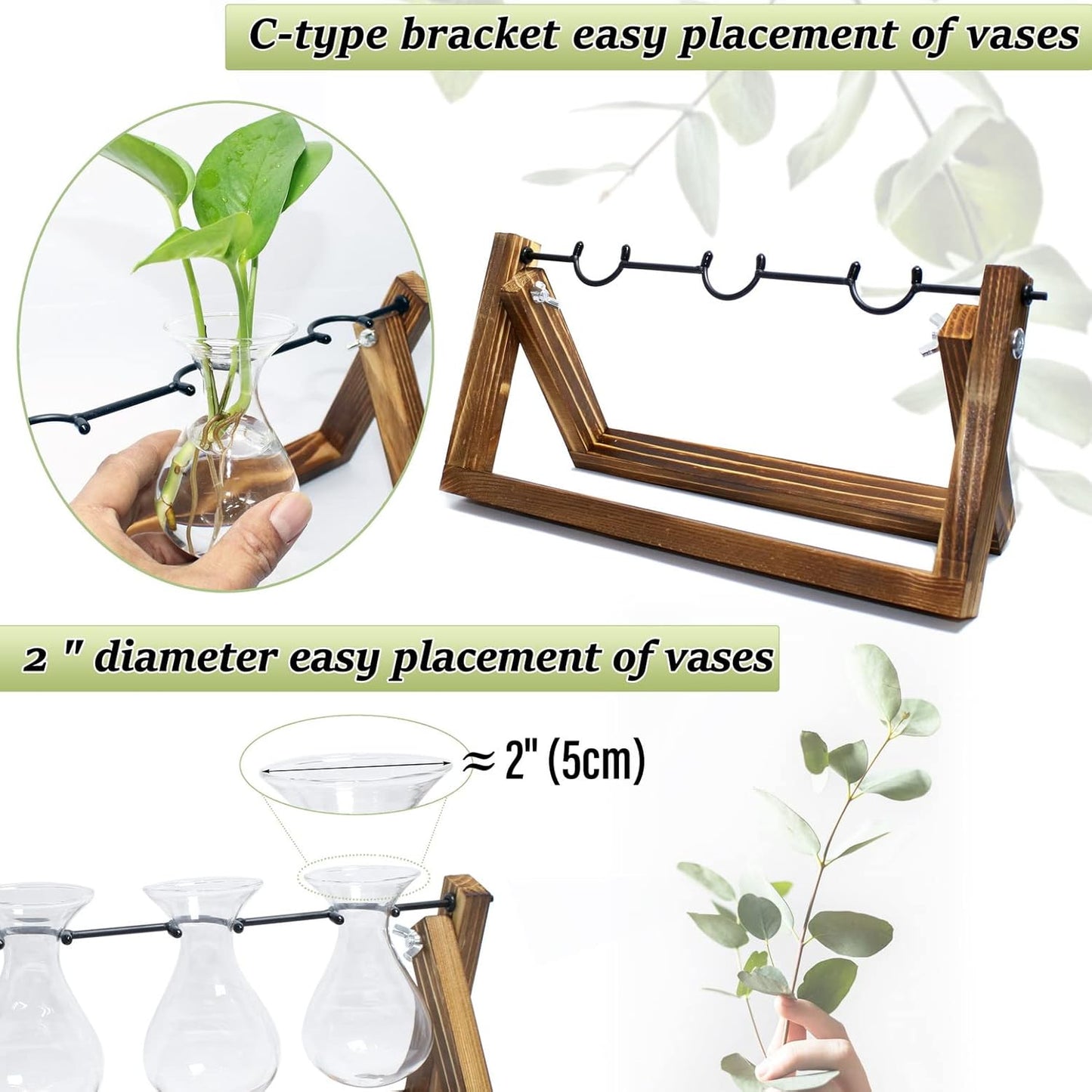 laffeya Plants Propagation Stations, Hydroponic Terrarium Kit- Desktop Glass Flower Planter 3 Glass Vase with Wood Stands for Home Office Decor, Plant Gifts for Plant Lovers (3 Bulb Vase C, Beige)