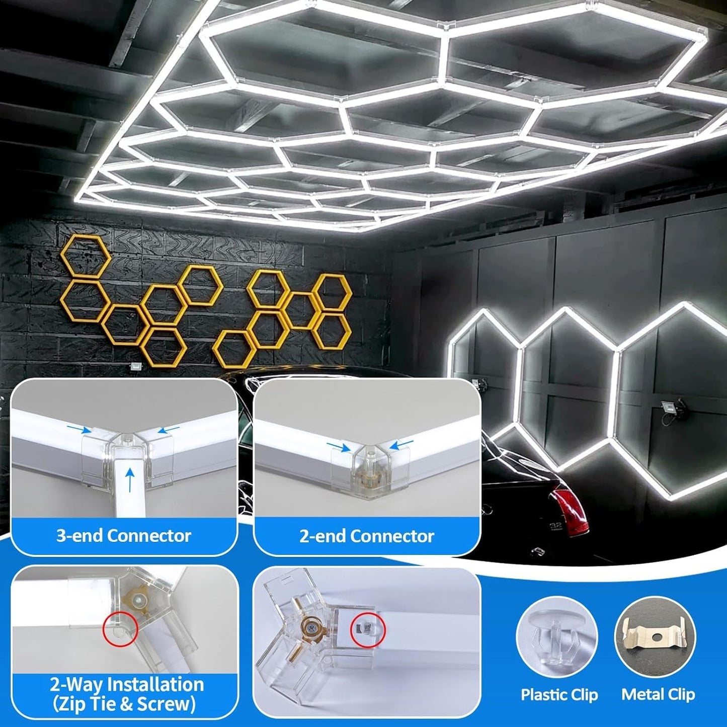 TONGLIN Hexagon Garage Light, 14 Grids 680W 81600 Lumens Hexagon Led Garage Light with Rectangle Frame 6500K for Garage, Basement, Warehouse, Auto Beauty Shop, Car Detailing Shop