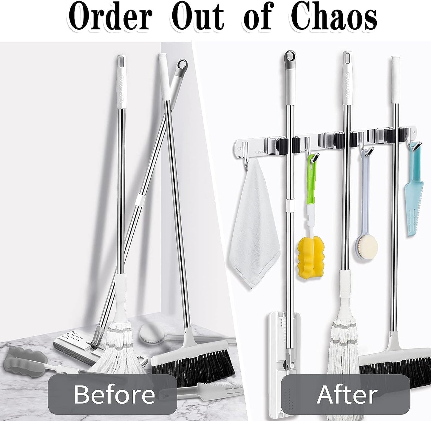 5 Racks and 4 Hooks Mop and Broom Holder Wall Mount, Broom Organizer Storage Tool Racks Stainless Steel Heavy Duty Hooks Self Adhesive Solid Non-slip for Home Kitchen Garden Laundry Garage