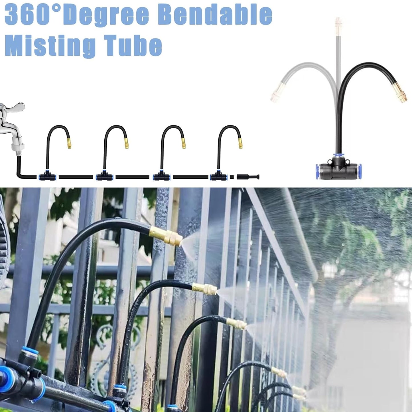 Tivddikun Drip Irrigation Kit, 360° Bendable Watering System with 49FT/15M Drip Irrigation Hose, 20 T-joints, 15 Adjustable Brass Misting Nozzles, 10 Fixed Stems, Anti-blocked Universal Faucet Adapter