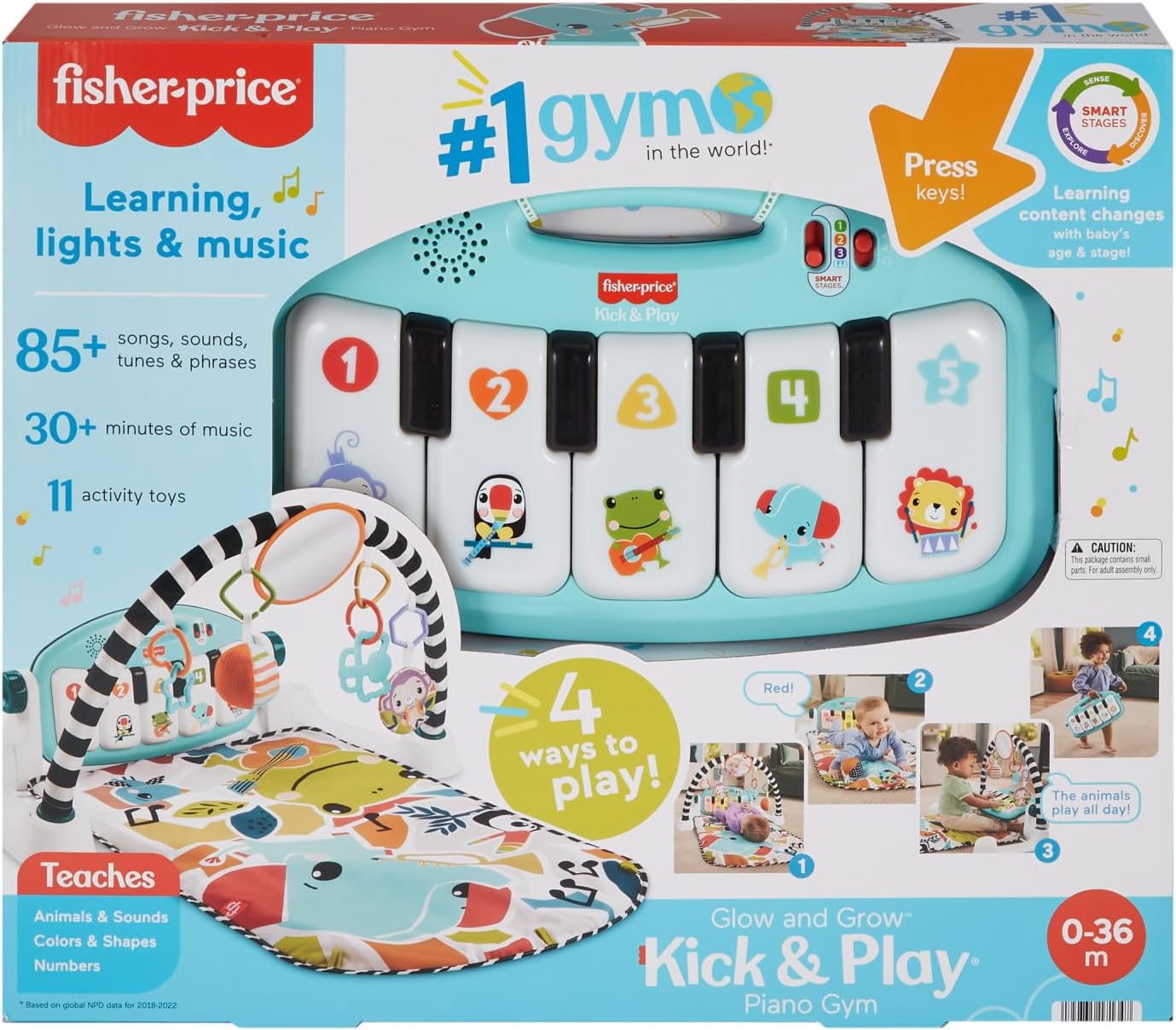Fisher-Price Baby Activity Mat Glow and Grow Kick & Play Piano Gym, Portable Musical Toy with Smart Stages Learning, Ages 0+ Months, Blue, Queens English Version