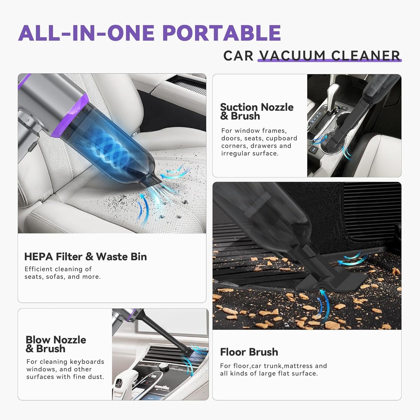 Car Vacuum Cleaner Cordless, Handheld Vacuum 22000PA High Power Suction, 4-in-1 Compressed Air Duster & Air Blower & Pump, Portable Vacuum Cleaner with 3 Gears for Home, Pet, Keyboard (Grey)