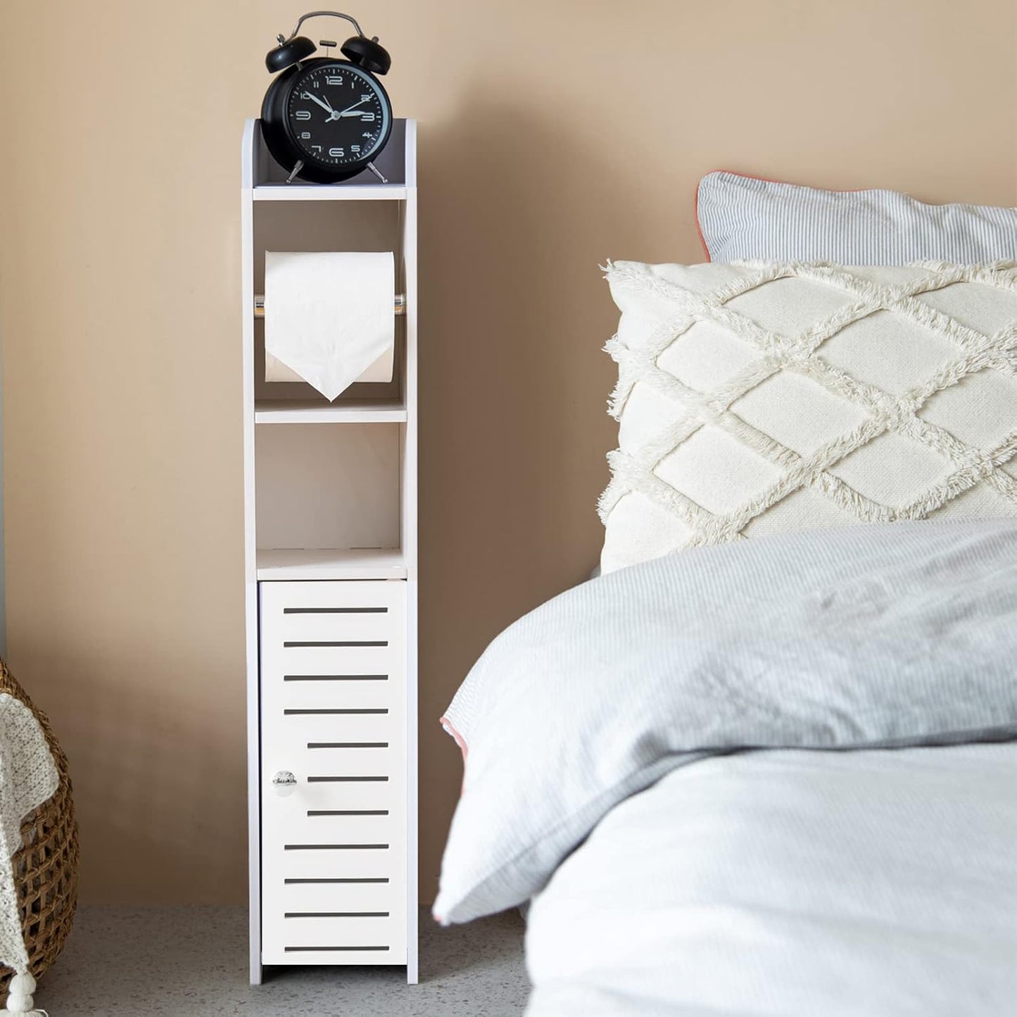 Freestanding Toilet Paper Storage with Phone Holder | Small Bathroom Organiser