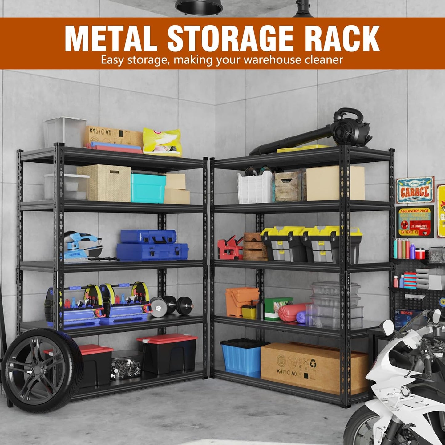 5 Tier Storage Shelves Metal Garage Shelving Unit for System Racks Storage Basement Storage Shelf Garage Storage Rack H150cm*W100cm* D40cm (Black)