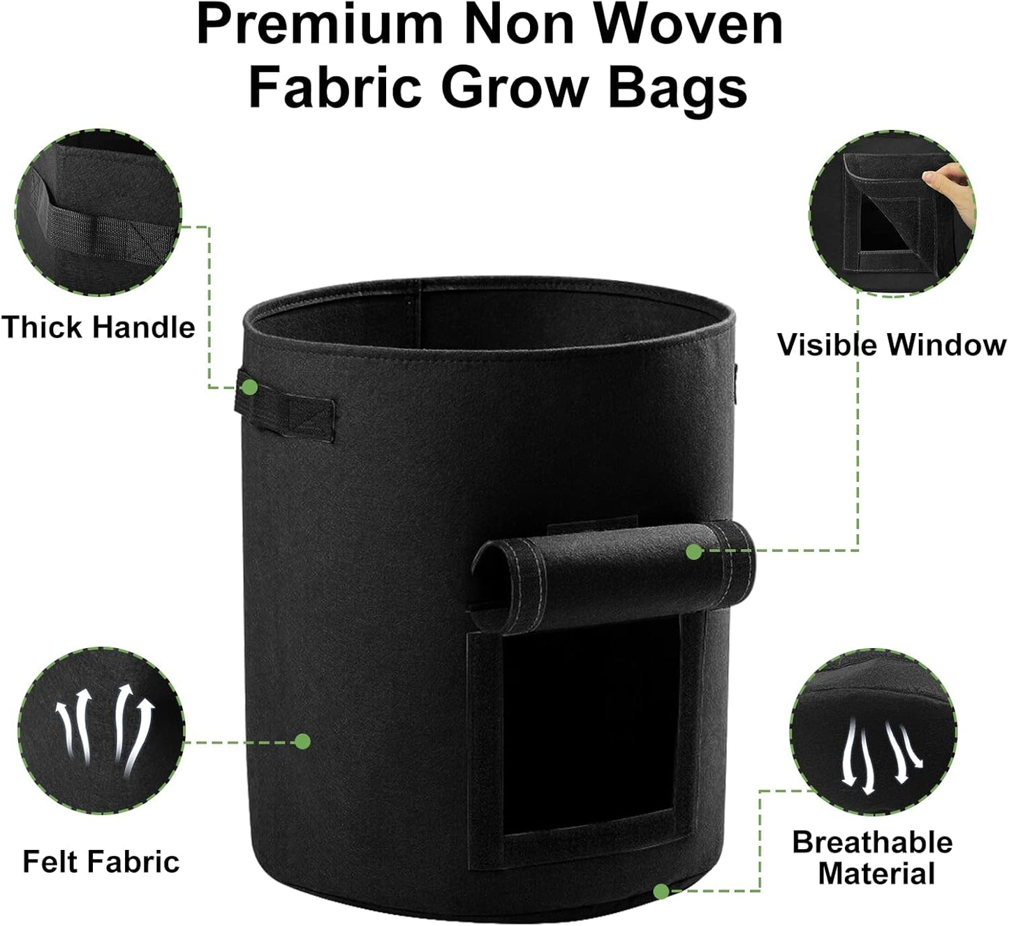 Durable Felt Grow Bags with Handles & Window | 38L, 6-Pack