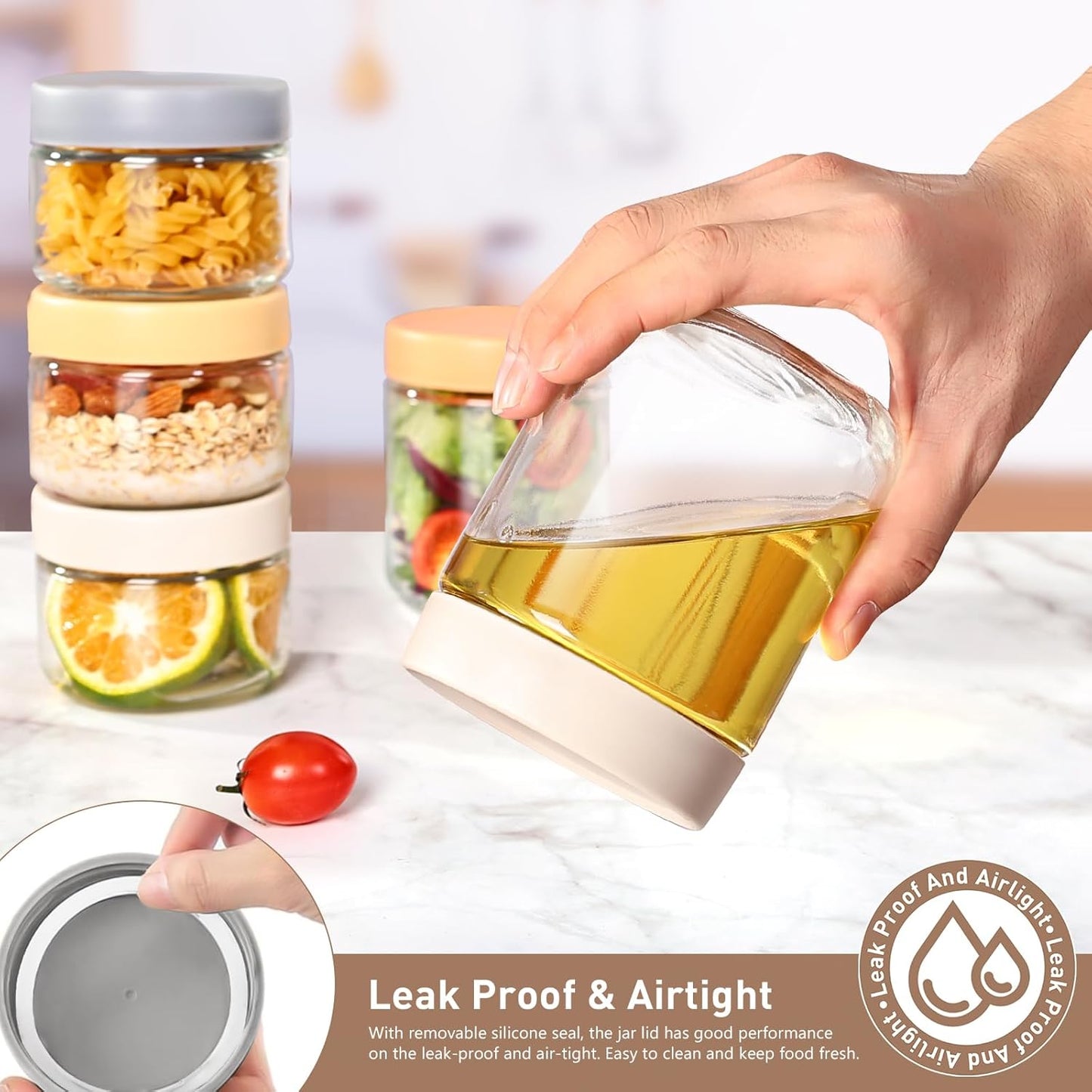 Feshory 6 Pack Overnight Oats Container Jar with Screw Lid - Wide Mouth & Airtight Glass Food Storage Jar, Wide Mouth Glass Meal Prep Containers for Baby Food, Salad, Spice, Snacks, Dressing Sauce