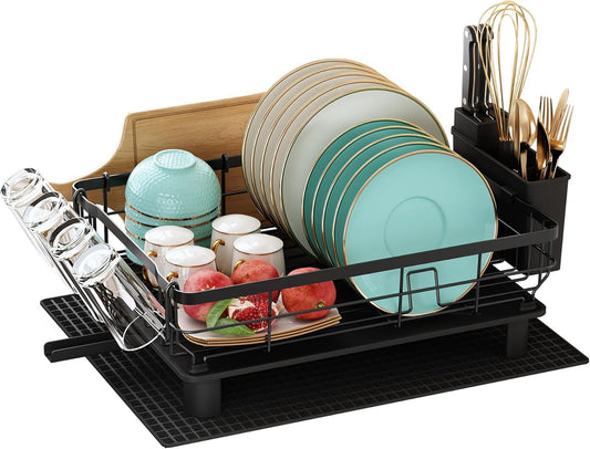 Boosiny Dish Drying Rack for Kitchen Counter, 2 Tier Dish Racks with Drainboard Set, Detachable Large Dish Drainer with Utensils Holder, Dish Drainer Rack with Extra Drying Mat, Black