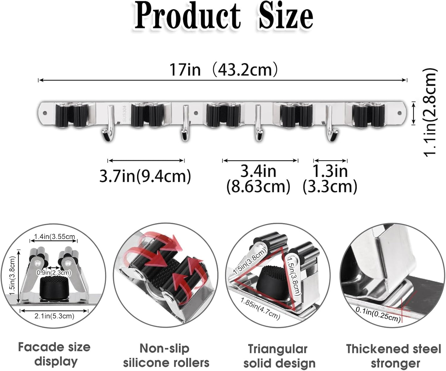 5 Racks and 4 Hooks Mop and Broom Holder Wall Mount, Broom Organizer Storage Tool Racks Stainless Steel Heavy Duty Hooks Self Adhesive Solid Non-slip for Home Kitchen Garden Laundry Garage