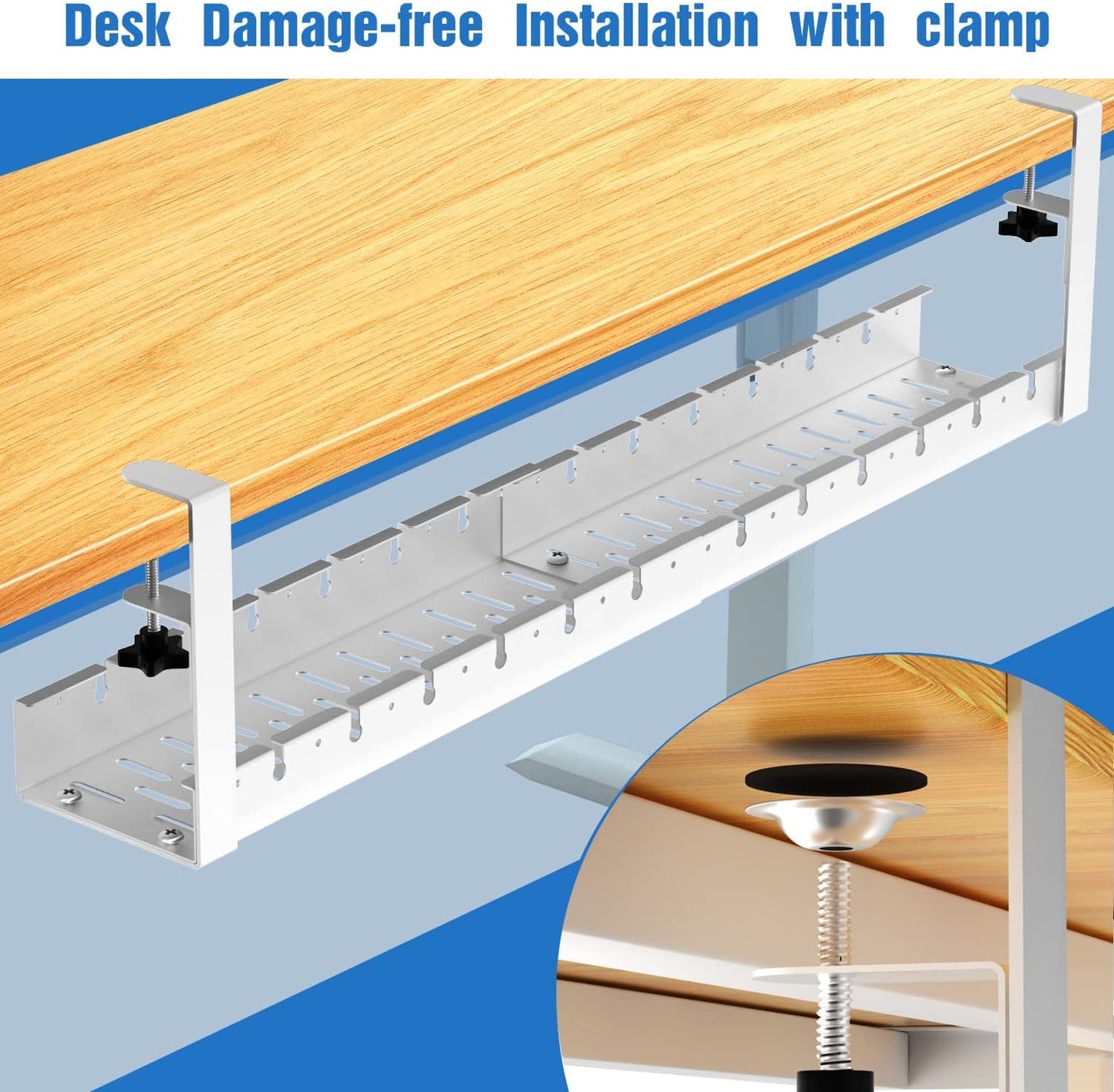 Necomi No Drill Under Desk Cable Management Tray, 21.7" Retractable Clamp Mounted Desk Cable Cord Organizer for Wire Management, Sturdy Metal Cable Tray Basket for Home Office(Black)