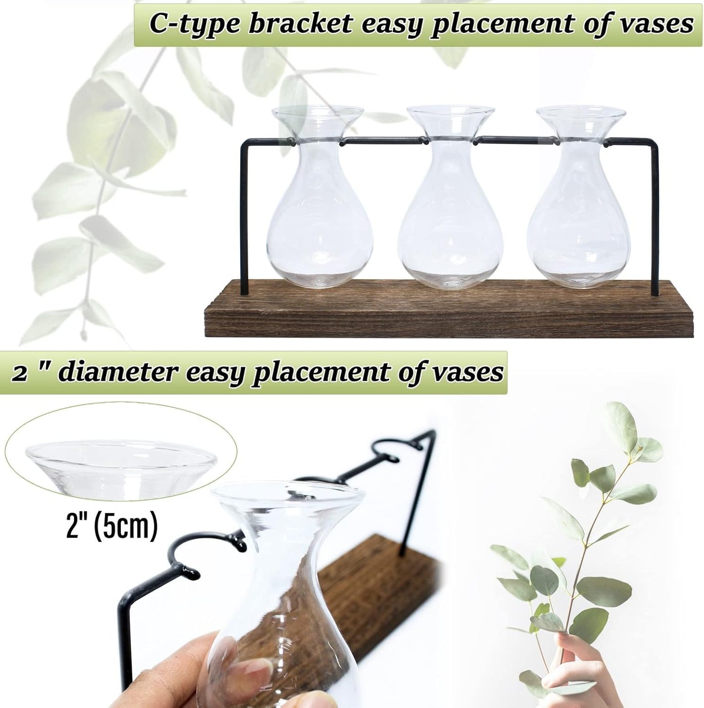 laffeya Plants Propagation Stations, Hydroponic Terrarium Kit- Desktop Glass Flower Planter 3 Glass Vase with Wood Stands for Home Office Decor, Plant Gifts for Plant Lovers (3 Bulb Vase C, Beige)