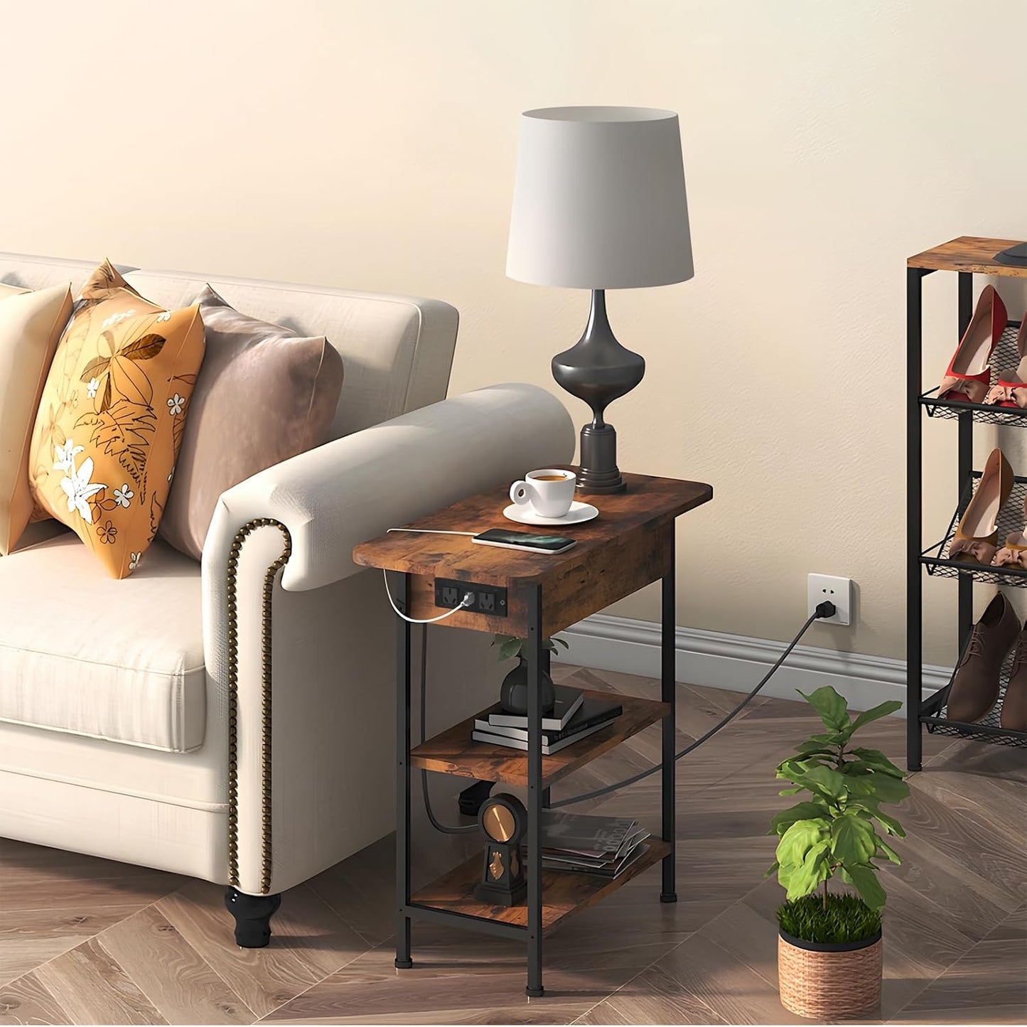 Side Table with Charging Station(Upgraded), End Table with USB Ports and Outlets, Nightstand for Small Spaces, Bedside Tables with Storage Shelf for Living Room, Bedroom, Brown