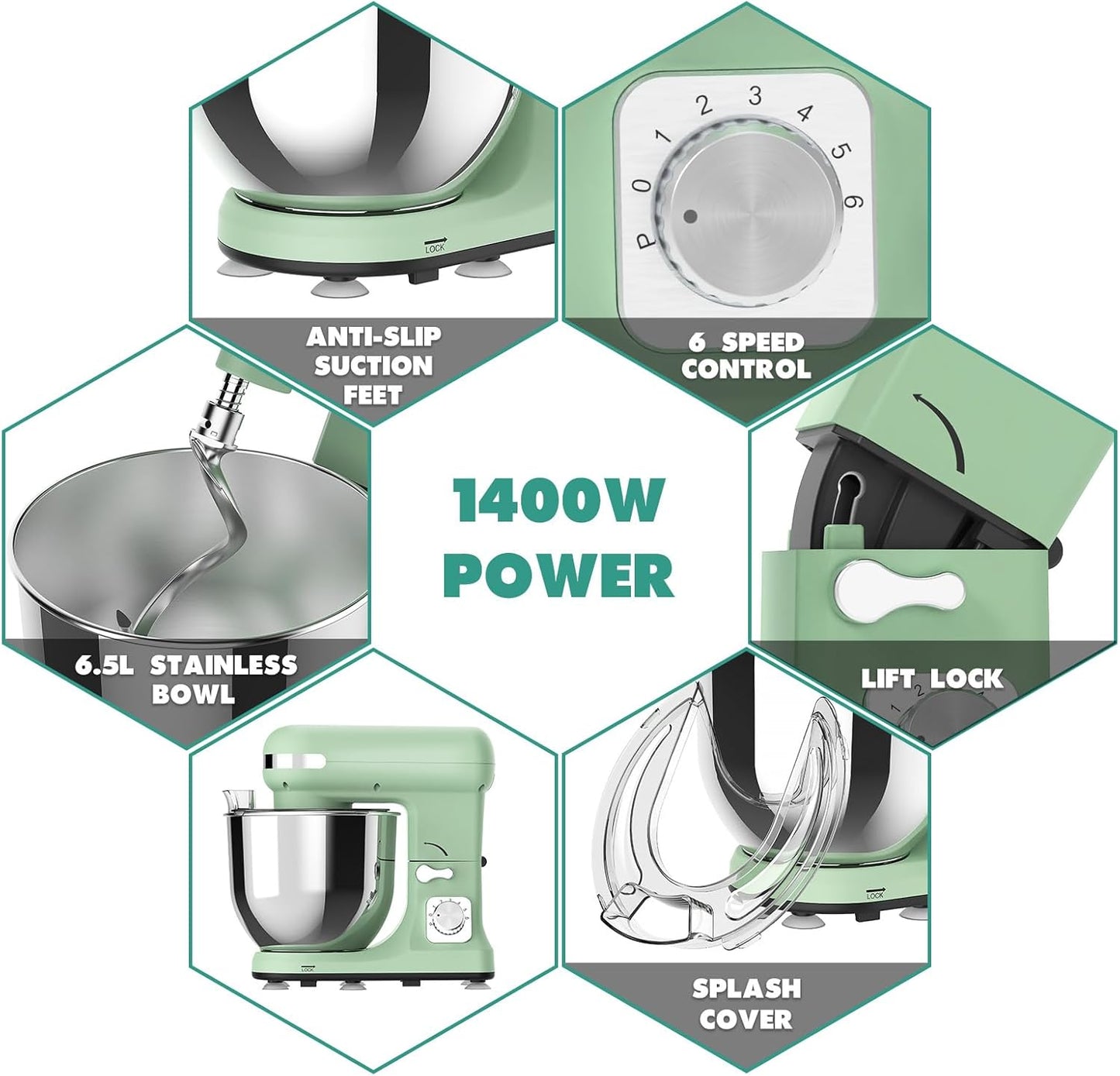 1400W Stand Mixer | 6.5L Electric Food Mixer for Baking