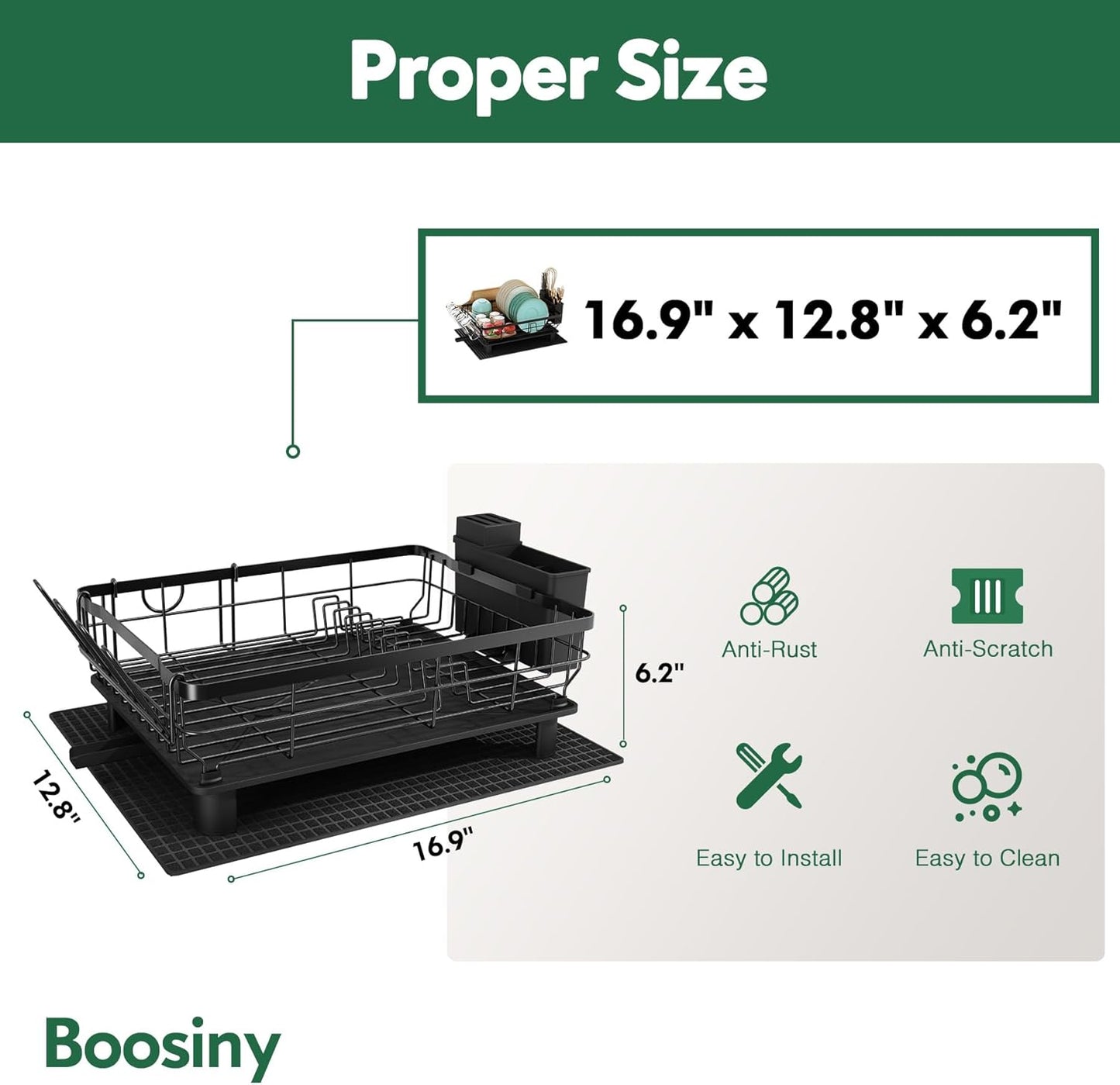 Boosiny Dish Drying Rack for Kitchen Counter, 2 Tier Dish Racks with Drainboard Set, Detachable Large Dish Drainer with Utensils Holder, Dish Drainer Rack with Extra Drying Mat, Black
