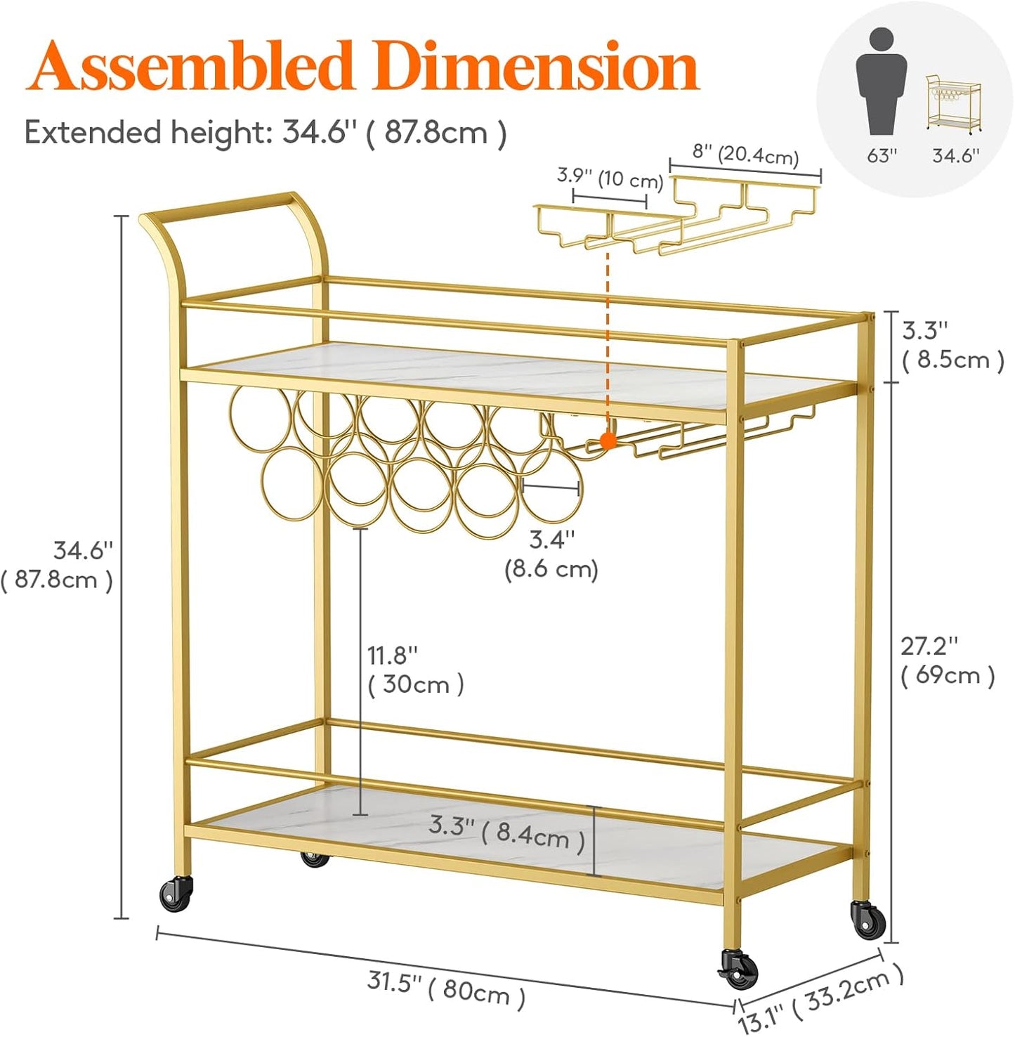 Drinks Trolley on Wheels | Gold 2-Tier Bar Cart with Wine Racks
